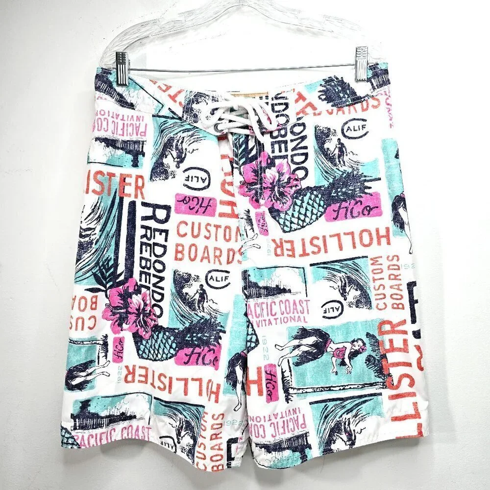 Hollister Off White Comic Hawaiian Girl Hula Stamp Swim Board Shorts